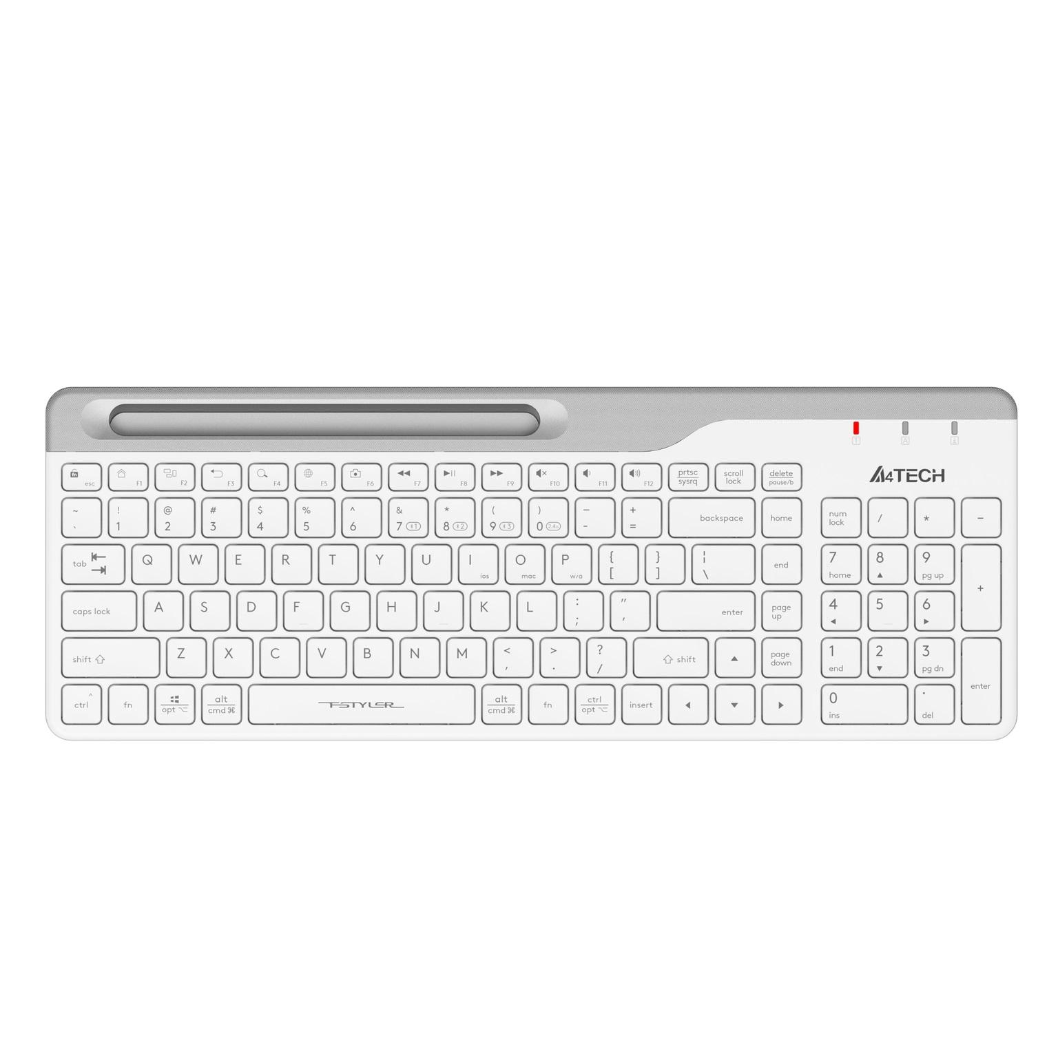 Безжична клавиатура A4tech Fstyler FBK25, Bluetooth, 2.4G, Стойка за телефон, Кирилизирана, Бял
